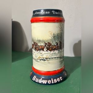 1990 Budweiser Beer Holiday Christmas Stein Mug With Clydesdales by Ceramarte